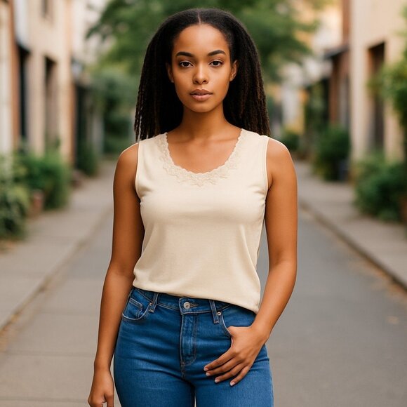 Reference Point Women's Tan Sleeveless Scalloped Neckline top Sz L - Picture 1 of 7